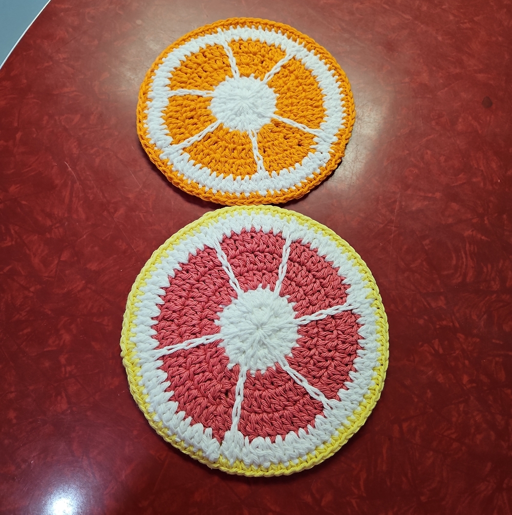 Handmade Crochet Citrus 7 1/2" Hot Pad Set - Pink & Orange
